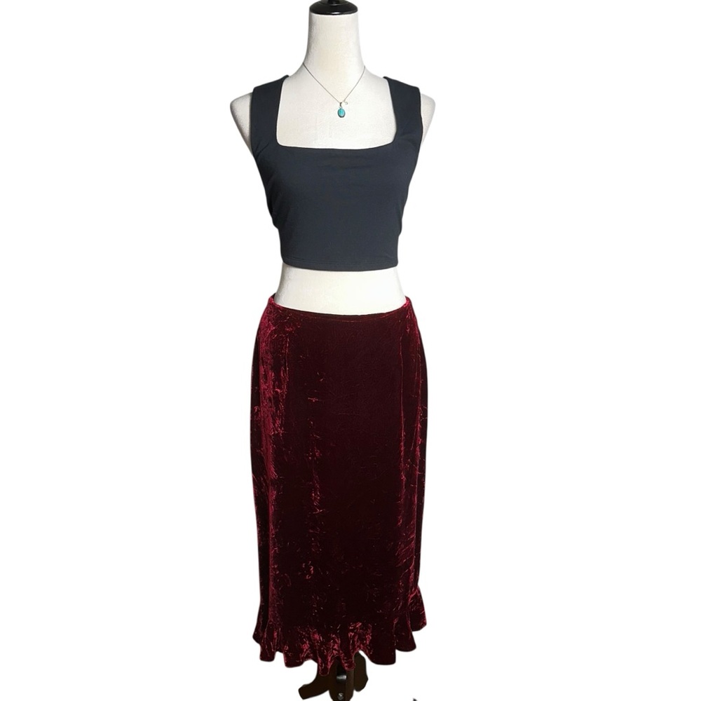 Amanda Smith Burgundy Velvet Ruffle Silk Blend‎ Midi Skirt 10 | Y2K Whimsigoth